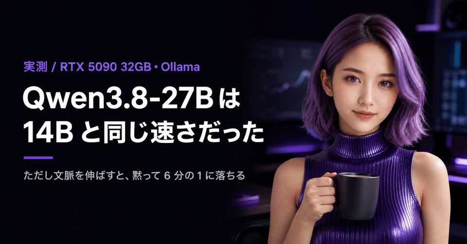【Qwen3.8-27B】27B が 14B と同じ速度で回った日｜文脈 262,144 を指定したら黙って 6 分の 1 になった